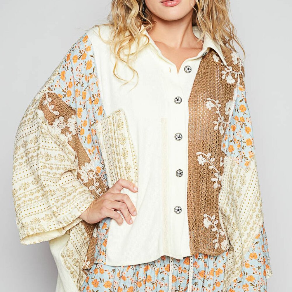 247. NWT POL Mixed-Print Patchwork Button-Front Top in Cream/Brown/Tan/Blue